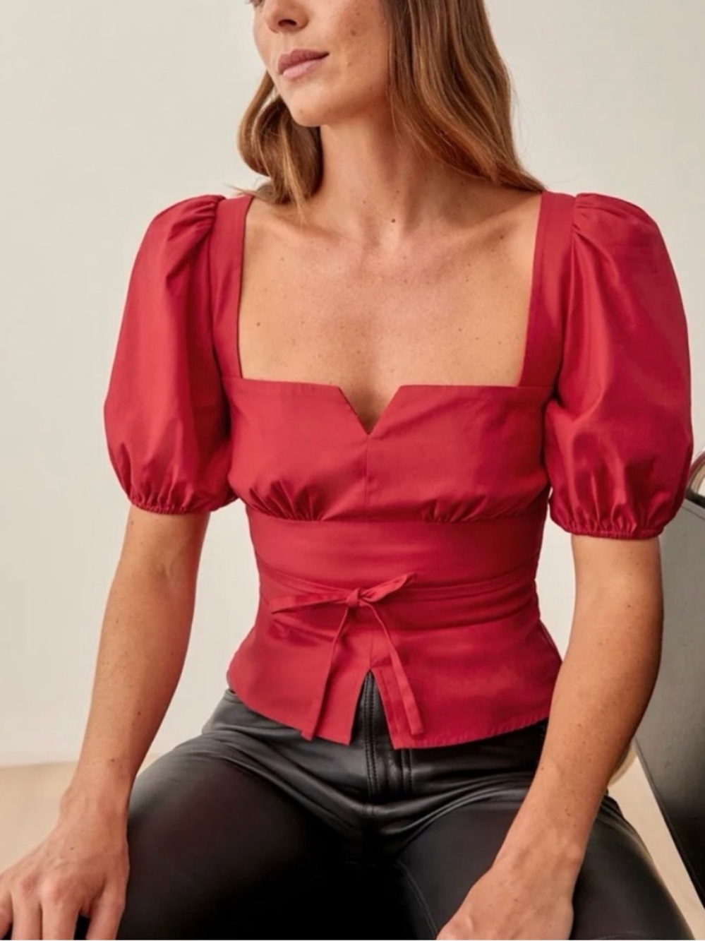 Reformation Fiske Puff Sleeve Stretch Organic Cotton Blouse In Lipstick size 0
